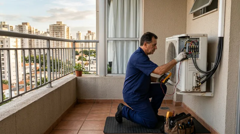 Técnico testando a parte elétrica da condensadora de um split na varanda