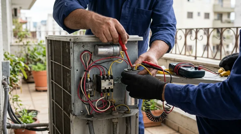 Técnico trocando uma peça elétrica dentro da condensadora de um ar-condicionado split