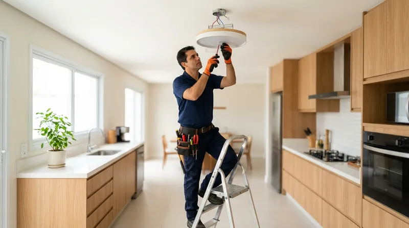 Eletricista instalando uma luminária de LED no teto de uma cozinha