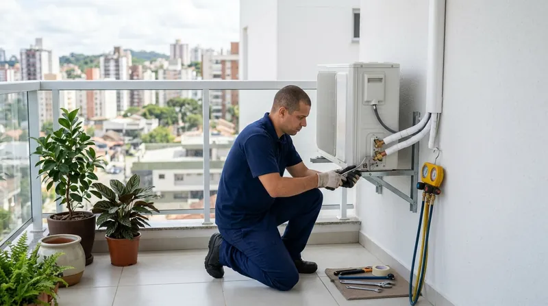 Técnico ligando a tubulação da condensadora do ar-condicionado instalada no suporte da varanda de um apartamento