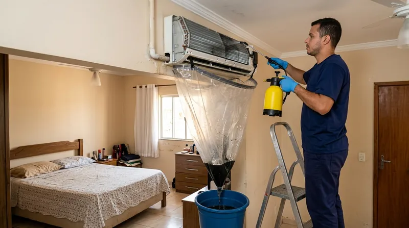 Técnico fazendo a limpeza da evaporadora de um split com bolsa coletora