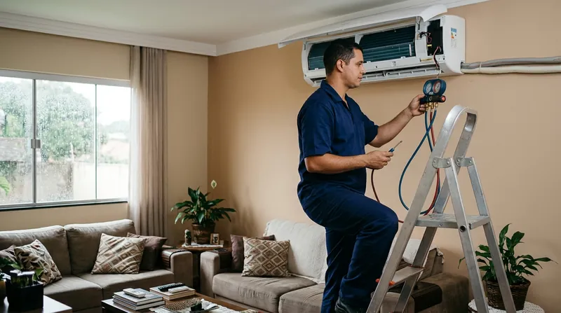 Técnico medindo a pressão de um ar-condicionado split com manômetro